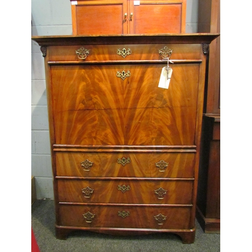 1052 - A 19th Century flame mahogany escritoire, the slim drawer over a fall-front opening to reveal a fitt... 