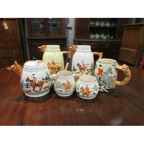 1097 - A selection of country pursuits jugs and teapot decorated with horse, hounds and fox (6)