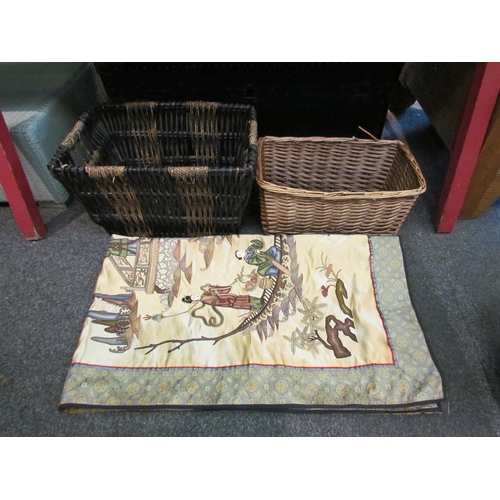 1105 - A modern Chinese silk wall hanging, a/f some fading, 159cm x 89cm, together with two wicker baskets ... 