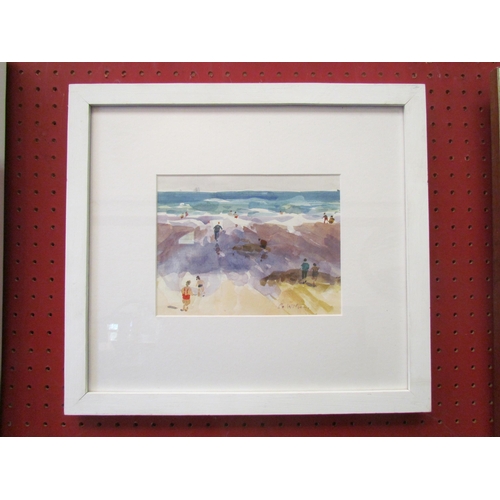 1115 - C. WILSON: Watercolour of figures on the beach, framed and glazed, 15cm x 19cm image size