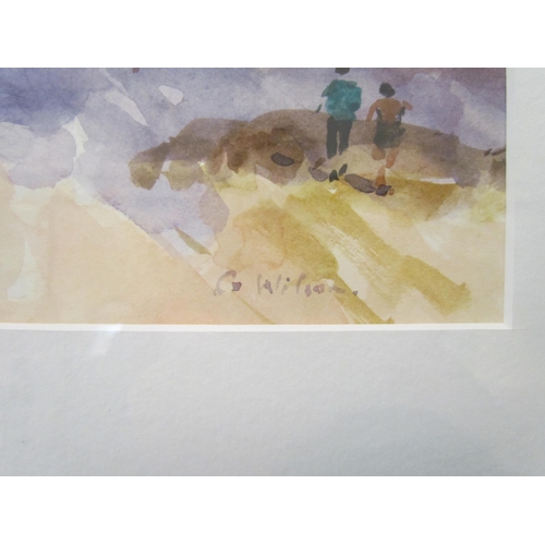 1115 - C. WILSON: Watercolour of figures on the beach, framed and glazed, 15cm x 19cm image size