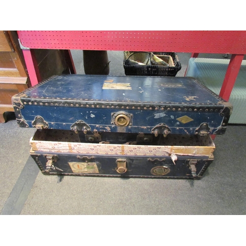 1119 - A large vintage Ocean Liner travel trunk, patterned fabric lining, plus another smaller similar exam... 