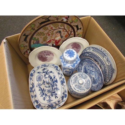 1154 - Two boxes containing a selection of stoneware jars, jugs, glass bottles, blue and white plates, ture... 