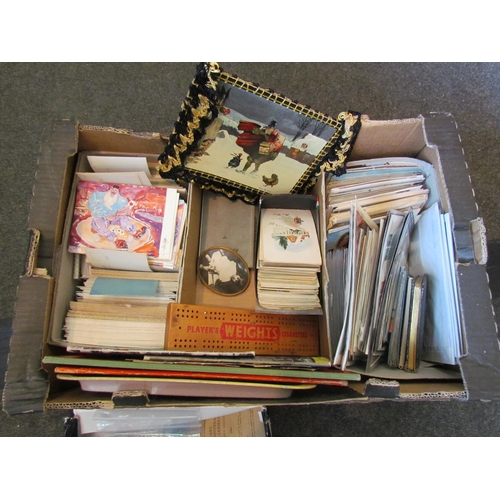 1164 - A box containing mostly assorted ephemera including stamps, postcards, autograph books etc.