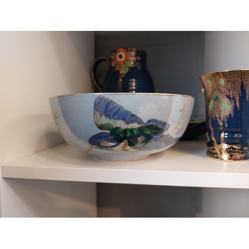 1249 - A Carlton Ware 'Kingfisher' lustre bowl toghether with other Cralton Ware and Crown Devon vases, etc