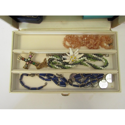 1268 - A jewellery box with contents including 9ct gold chain hung with a crucifix, 9ct gold chain hung wit... 