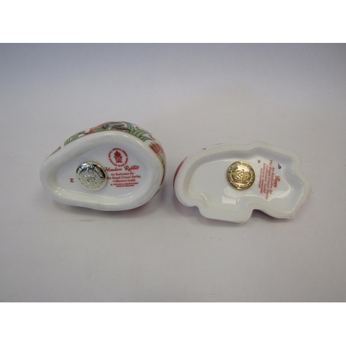 1307 - Two Royal Crown Derby paperweights, Meadow Rabbit, silver stopper and Puppy, gold stopper