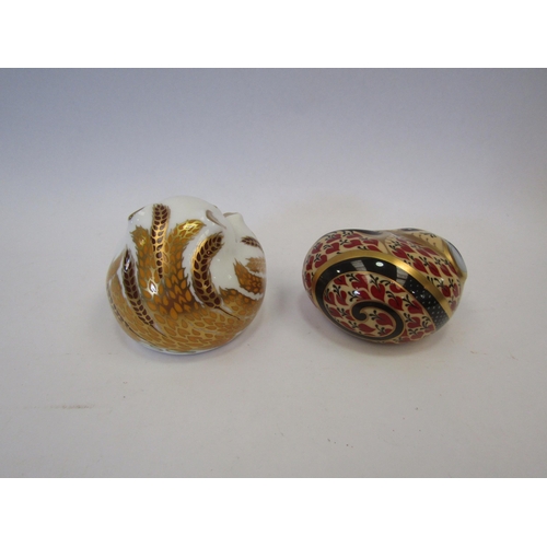 1309 - Two Royal Crown Derby paperweights Sleeping Field Mouse, silver stopper and Country Mouse, gold stop... 