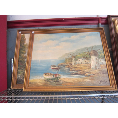 1399 - Two framed oil on canvas Mediterranean sea and village scene, 39cm x 49cm