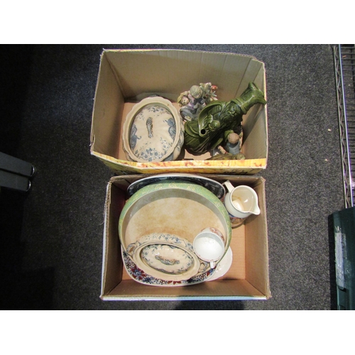 1411 - Two boxes of mixed early 20th Century and later ceramics including figures, lidded tureens, decorati... 