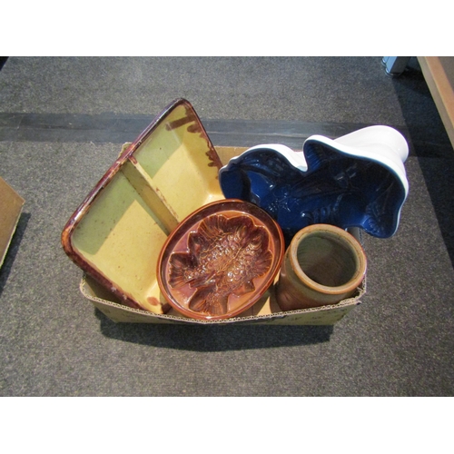 1421 - Two boxes containing stoneware kitchen ware and jugs including lobster mould, fish mould and two com... 