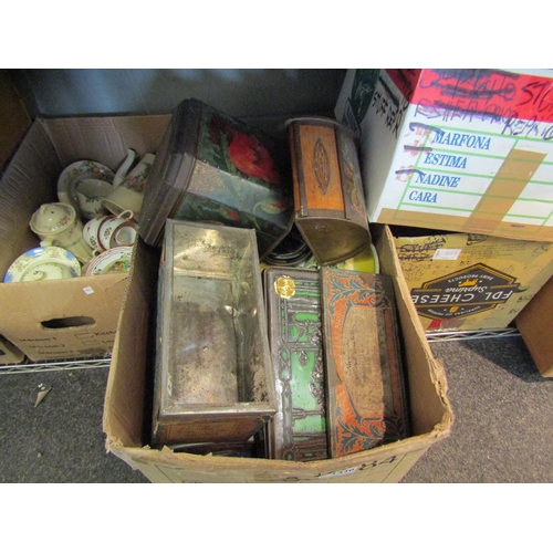 1430 - Two boxes of vintage tins Victorian and later including Carr & Co, Huntley & Palmers