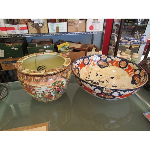 1455 - A large Chinese Imari palette bowl 47.5cm diameter together with a Japanese Satsuma goldfish bowl, r... 