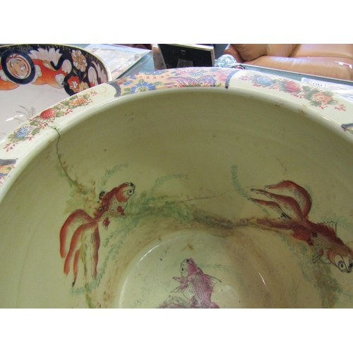 1455 - A large Chinese Imari palette bowl 47.5cm diameter together with a Japanese Satsuma goldfish bowl, r... 