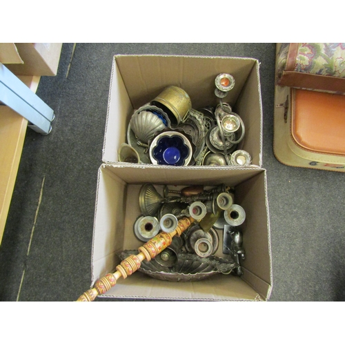 1481 - Two boxes of plated wares including candelabra, candlesticks, bud vase etc          (E) £15-20