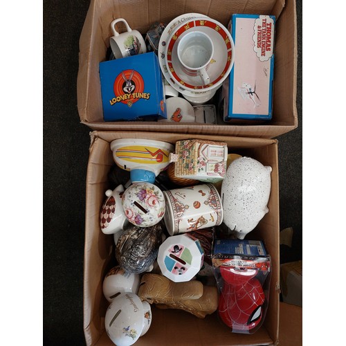 1490 - A box of ceramic money boxes and another box of children's collectable ceramics; Postman Pat, Thomas... 