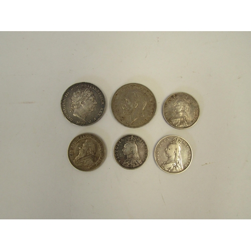 1271A - Six various silver coins including George III 1820 crown and George V 1935 crown etc.