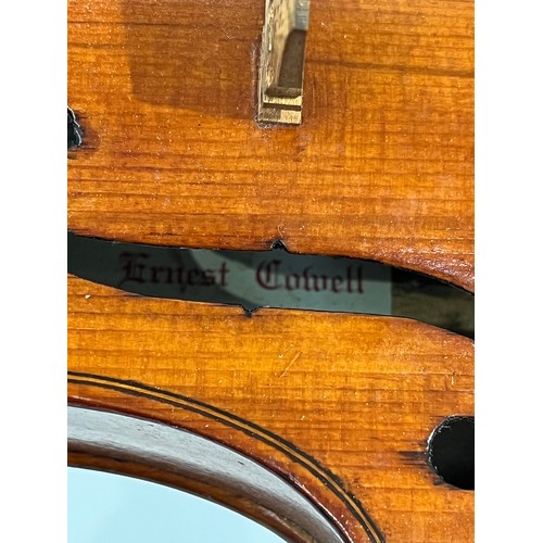 7065 - An Ernest Cowell violin full size (4/4) dated 1972, cased with bow, split to headstock