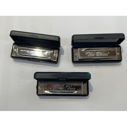 7126 - Three harmonicas in C, D and E, together with a neck brace (4)