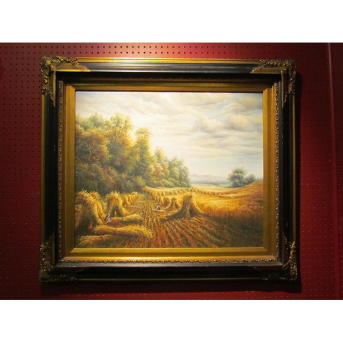 4040 - Two oils on canvas pictures depicting landscape and harvest scenes in ornate frames, 49cm x 59cm ima... 