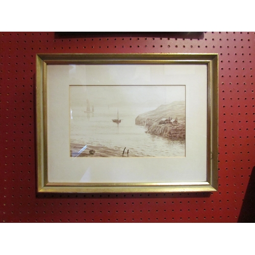 4081 - A sepia watercolour of sailing vessels in estuary, framed and glazed, 16.5cm x 27cm image size      ... 