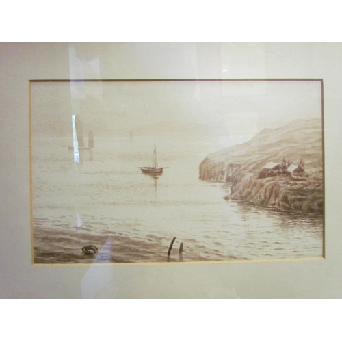 4081 - A sepia watercolour of sailing vessels in estuary, framed and glazed, 16.5cm x 27cm image size      ... 