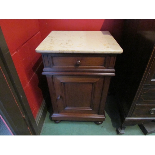 4083 - A 19th Century walnut bedside chest the marble top over a single drawer and cupboard door on a plint... 