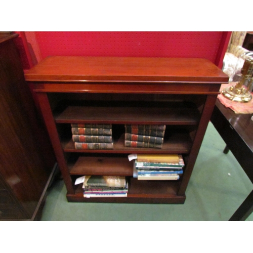 4094 - A Victorian mahogany and pine bookshelf with height adjustable shelves over a plinth base, 99cm tall... 