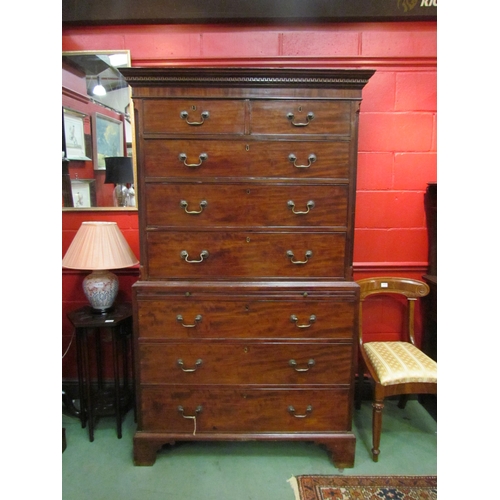 4125 - A George III mahogany gentleman's chest on chest with brushing slide, Greek key dentil cornice, cham... 