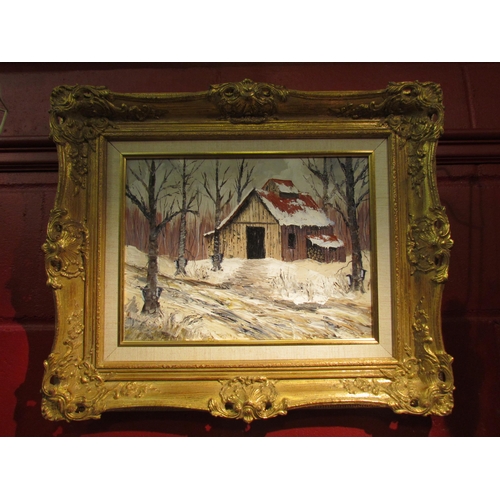 4133 - ANDRE DUBOIS: An oil on board of a Canadian wintry cabin scene, gilt framed, information verso, 29cm... 