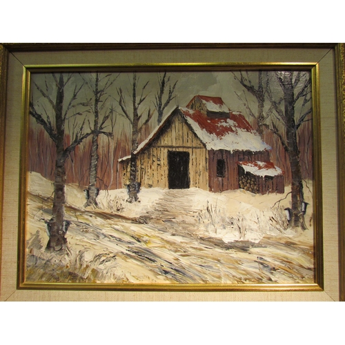 4133 - ANDRE DUBOIS: An oil on board of a Canadian wintry cabin scene, gilt framed, information verso, 29cm... 