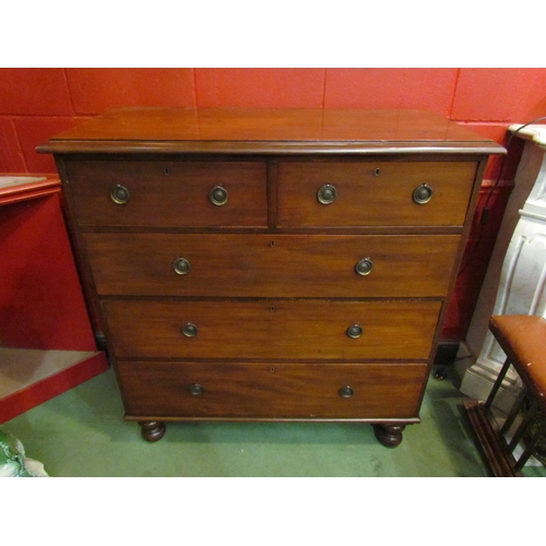 4141 - A Victorian mahogany chest of two short over three graduated long drawers, turned supports, 118cm ta... 