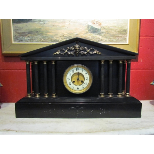 4144 - A large Victorian slate mantel clock of architectural form, column supports, 38cm tall x 60cm wide x... 