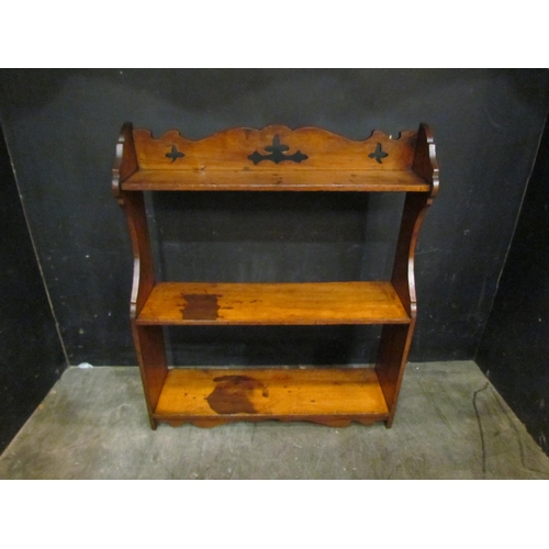 4145 - A Victorian three tier pine wall shelf with fretwork decoration, 56cm tall x 48cm wide x 13cm deep