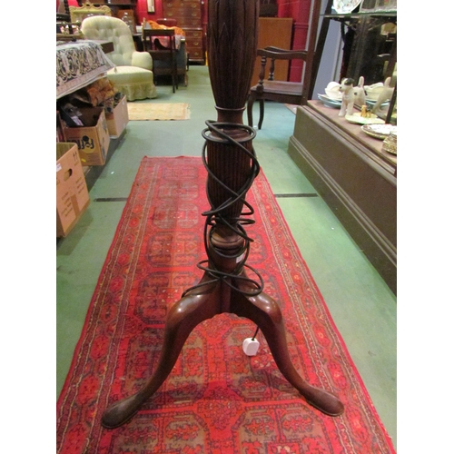 4193 - A mahogany standard lamp with carved and fluted column on a ball in claw foot tripod base