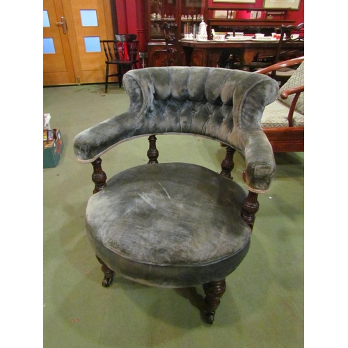 4218 - A late Victorian open armchair (blue upholstery) the button backrest on carved and turned supports w... 