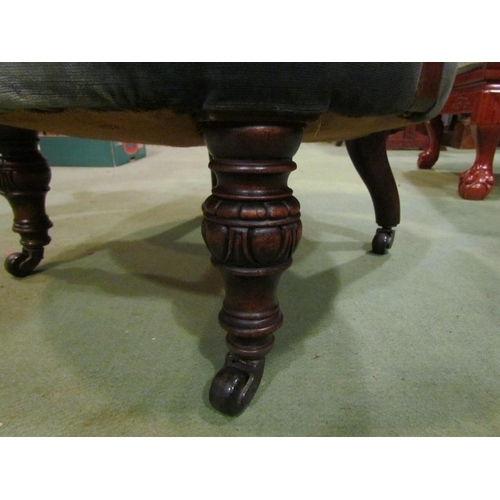 4218 - A late Victorian open armchair (blue upholstery) the button backrest on carved and turned supports w... 