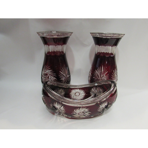 4363 - Two large cranberry cut glass vases, 30cm tall, and a bowl, a/f