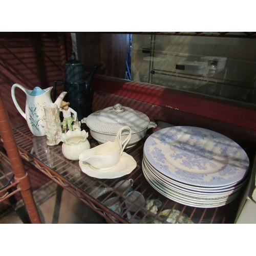 4369 - A boxed Wade blue and white tea set, a selection of china including Belleek sugar pot, creamware sau... 