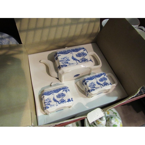 4369 - A boxed Wade blue and white tea set, a selection of china including Belleek sugar pot, creamware sau... 