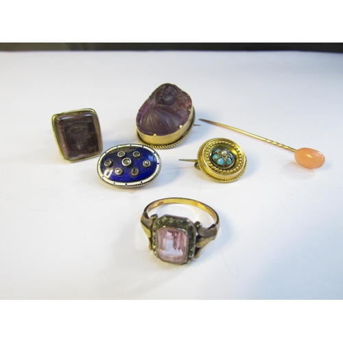 8314 - An enamelled brooch set with old cut diamonds, some enamel loss, turquoise set brooch, intaglio seal... 