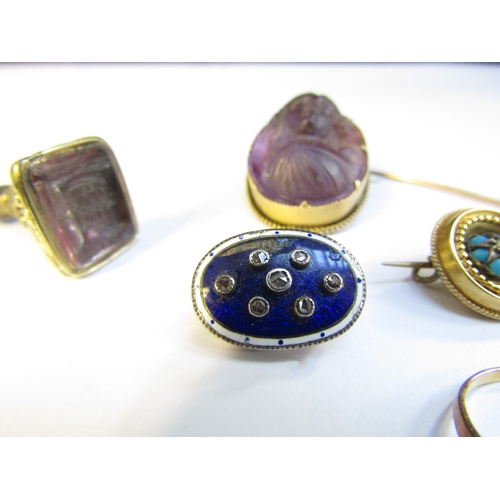 8314 - An enamelled brooch set with old cut diamonds, some enamel loss, turquoise set brooch, intaglio seal... 