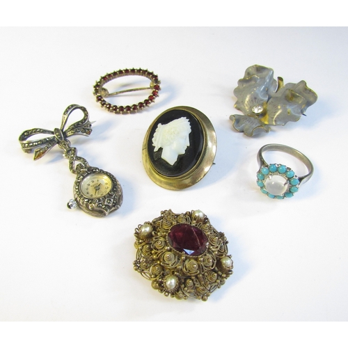 8317 - A moonstone and turquoise ring, marcasite fob watch, cameo brooch etc