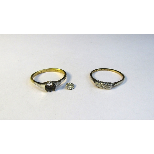 8321 - Two 18ct gold platinum set diamond rings, sizes L/M and N, one diamond crown detached, 3.4g