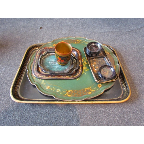 1144 - A metal Regency style tray, painted wooden tray, miniature trays and Japanese lacquered wares   (E) ... 