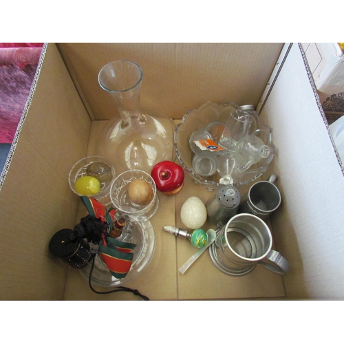 1146 - A box of miscellaneous including glass, pewter tankards, polished stone eggs