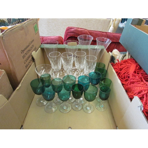 1148 - Fourteen Edwardian glasses with green bowls, facet cut champagne saucers, crystal flutes, etc