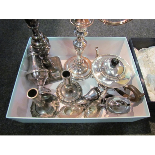 1480 - A collection of metal and silver plated wares, candelabra, candlesticks, silver based vase, etc.