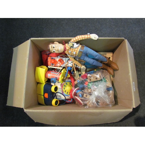 1481 - A box of mixed toys including Toy Story Woody and Brio