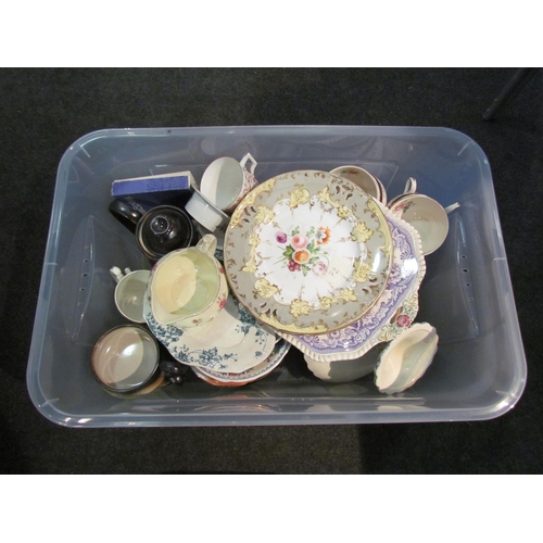 1484 - Two boxes of mixed ceramics, thimbles, Japanese teaset, 19th Century wares etc